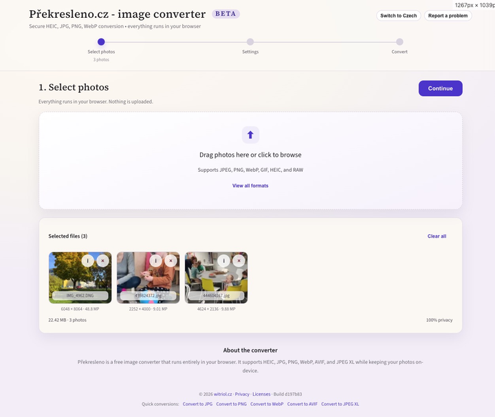 Překresleno.cz – output format, quality, and resize settings