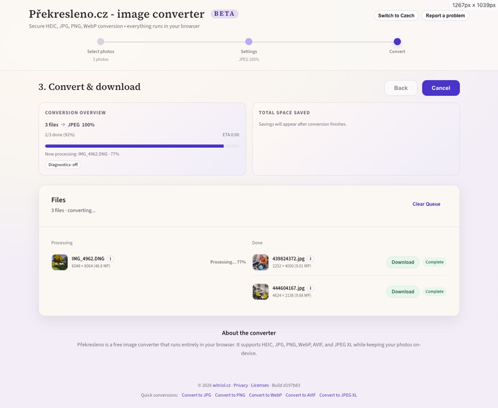 Překresleno.cz – batch progress and converted files ready to download