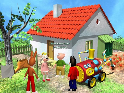 Čtyřlístek – Bobík, Fifinka, Pinďa a Myšpulín před domem s robotem
